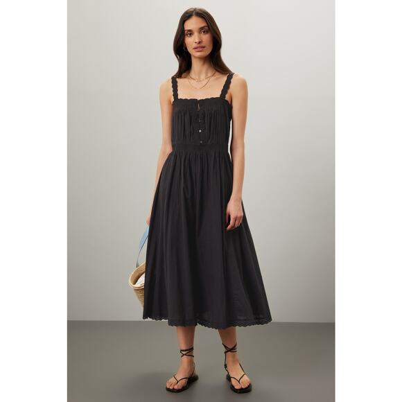 THE GREAT Black 100% Cotton Cachet Midi Lace Detail Button Midi Dress Size 2 - Picture 1 of 16